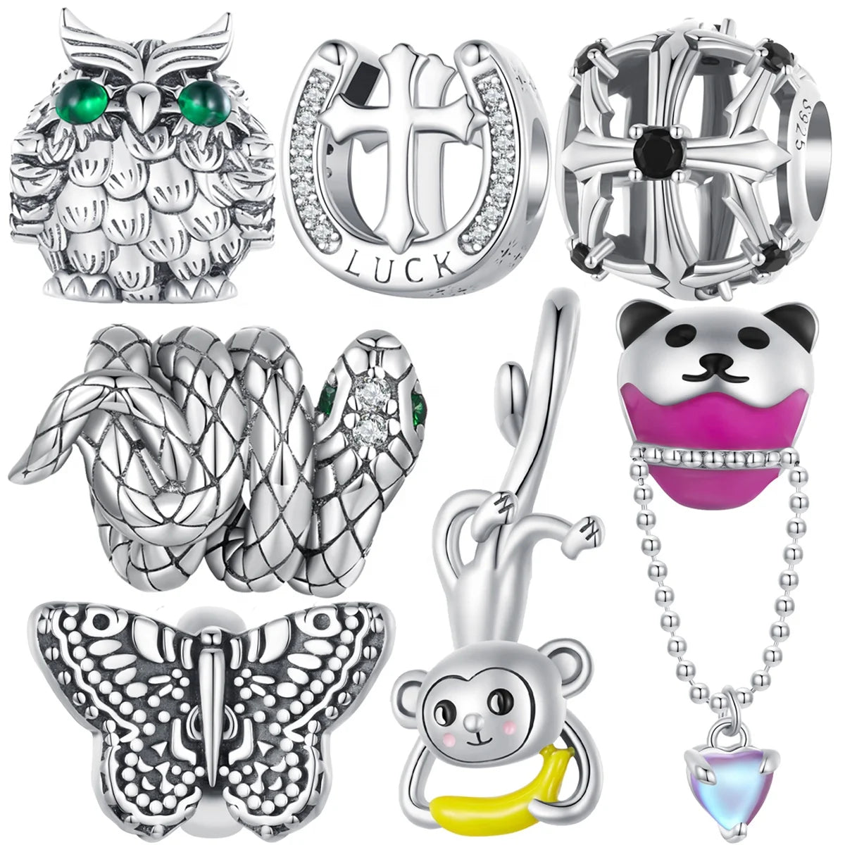 Wholesale 925 Sterling Silver Animal Beads Snake Owl Monkey Charm Pendant Fit Bracelet & Necklace DIY Women Fine Jewelry Making