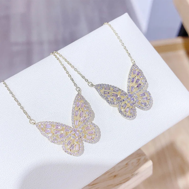 Luxury Gold Plated Amethyst Necklace Crystal Rhinestone Butterfly Charm Necklace Sparkling Cubic Zirconia CZ Butterfly Necklace