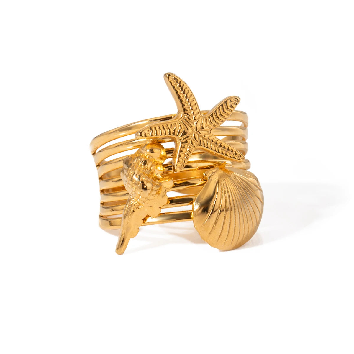 J&D 18K Gold Plated Stainless Steel Starfish Conch Shell Open Ring