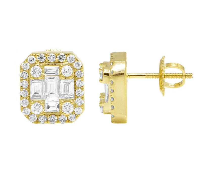 Wholesale Hip Hop Fashion Cubic Zircon Brass Square Stud Earrings 14K Gold Plated Iced Out Micro Paved for Men Jewelry