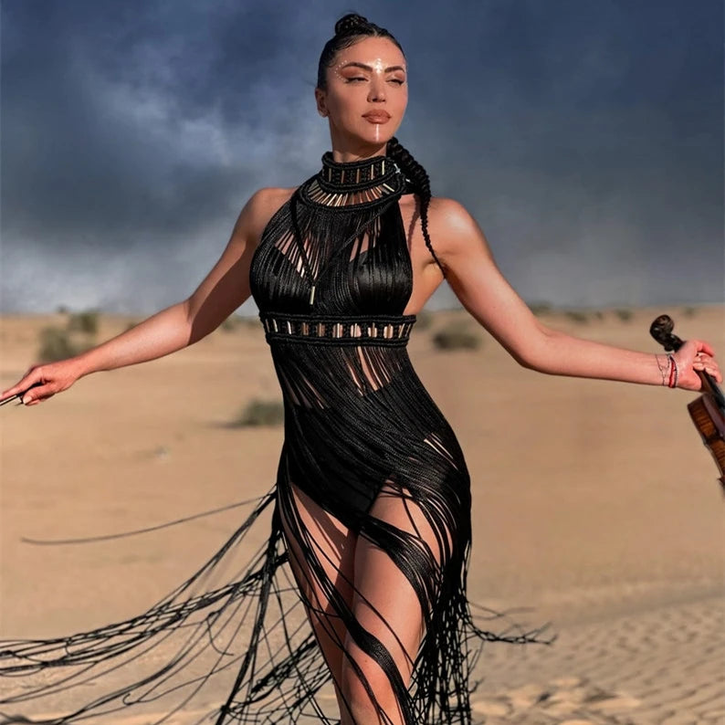 2025 New Boho Macrame Beach Dress Shoulder Bohemian Burning Man Wedding Photoshoot Goddess Spartan Men Vest Macrame Dress