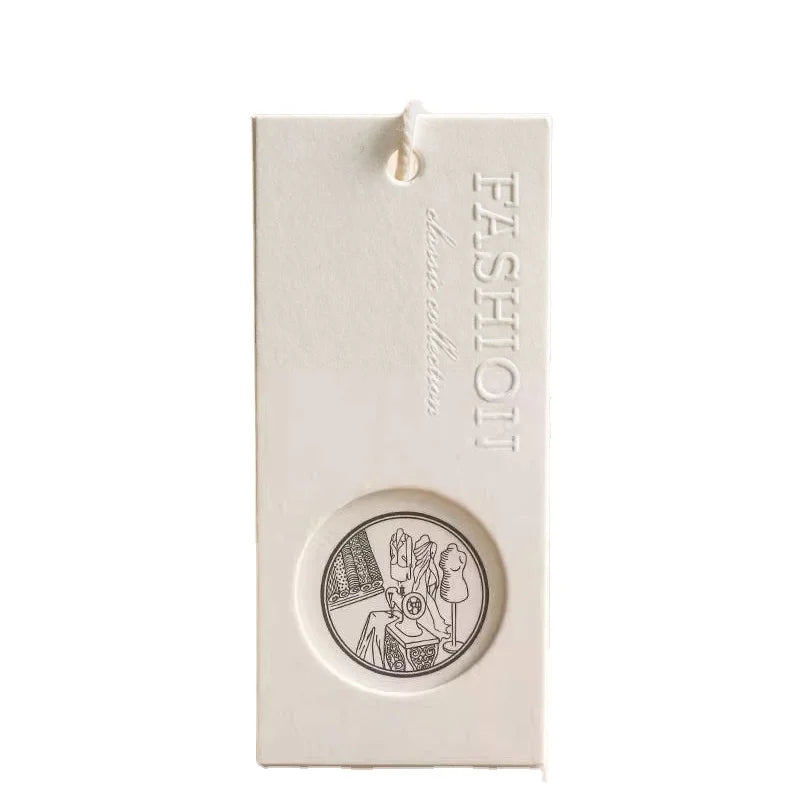 Luxury Recycled Clothing Hang Tags Label Maker Custom White Embossed Printed Cardboard Brand Hangtags for Clothing Own Logo