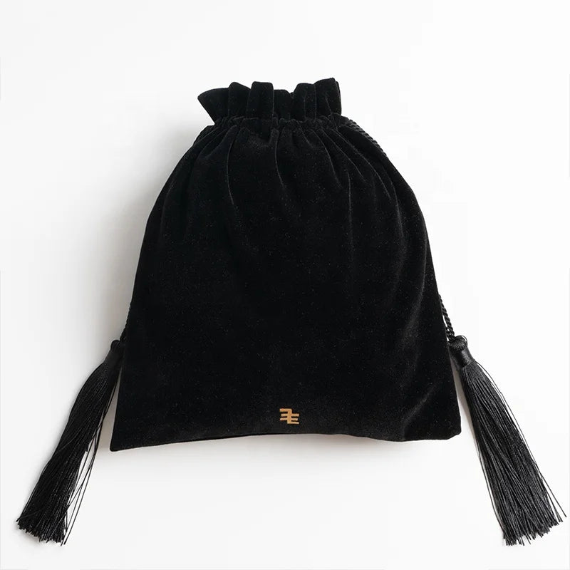 Custom Logo Printed Satin Lined Soft Velvet Dust Cover Bag for Jewelry Box Velour Cosmetic Pouch With Tassels
