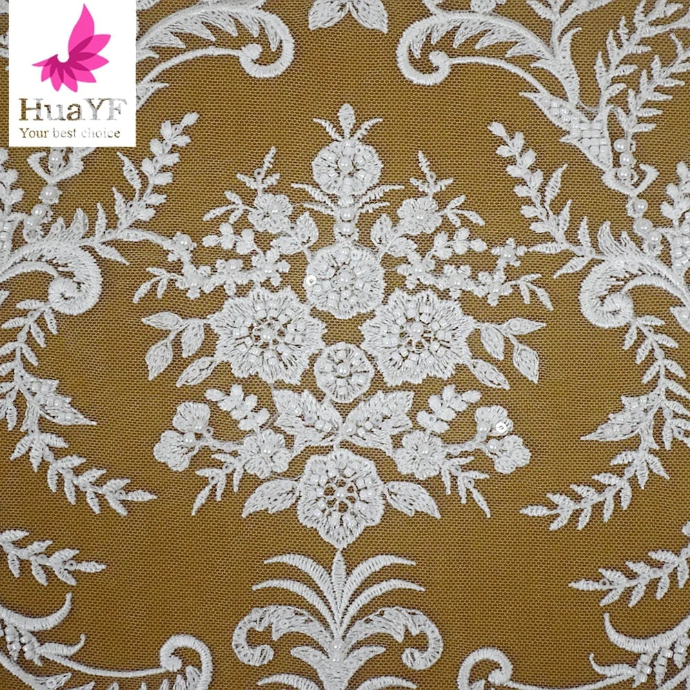 High Quality French Beaded Embroidery Mesh European Lace Wedding Dress Lace Fabric HY1952-1