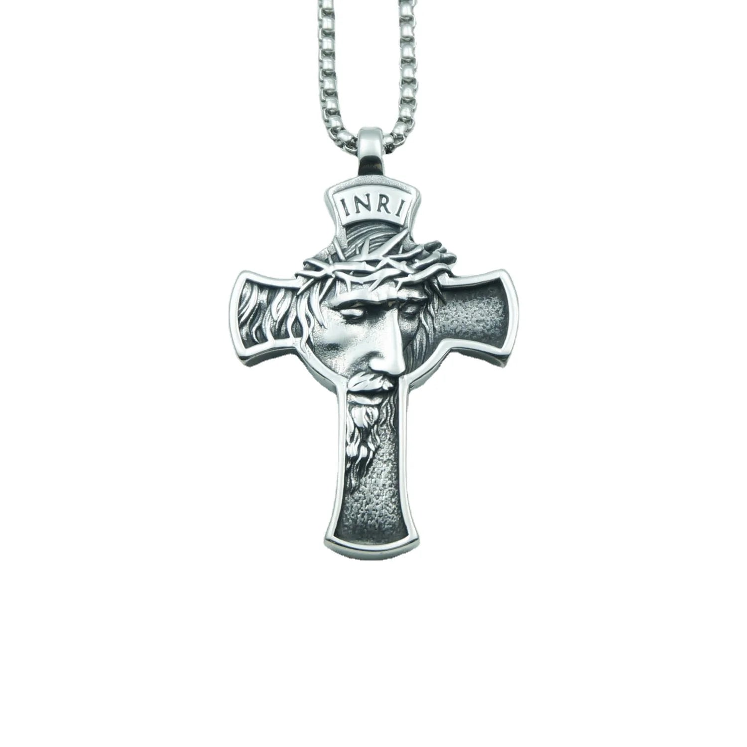 Vintage Stainless Steel Human Face Jesus Cross Pendant Necklace