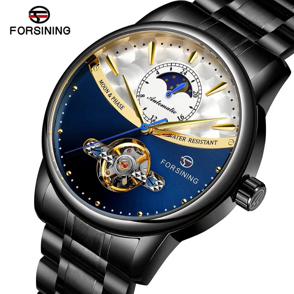 Forsining Luxury Design Water Resistant Stainless Bracelet Men Wrist Watch Gift Fast Ship Automatic Mechanical Moonphase Watches