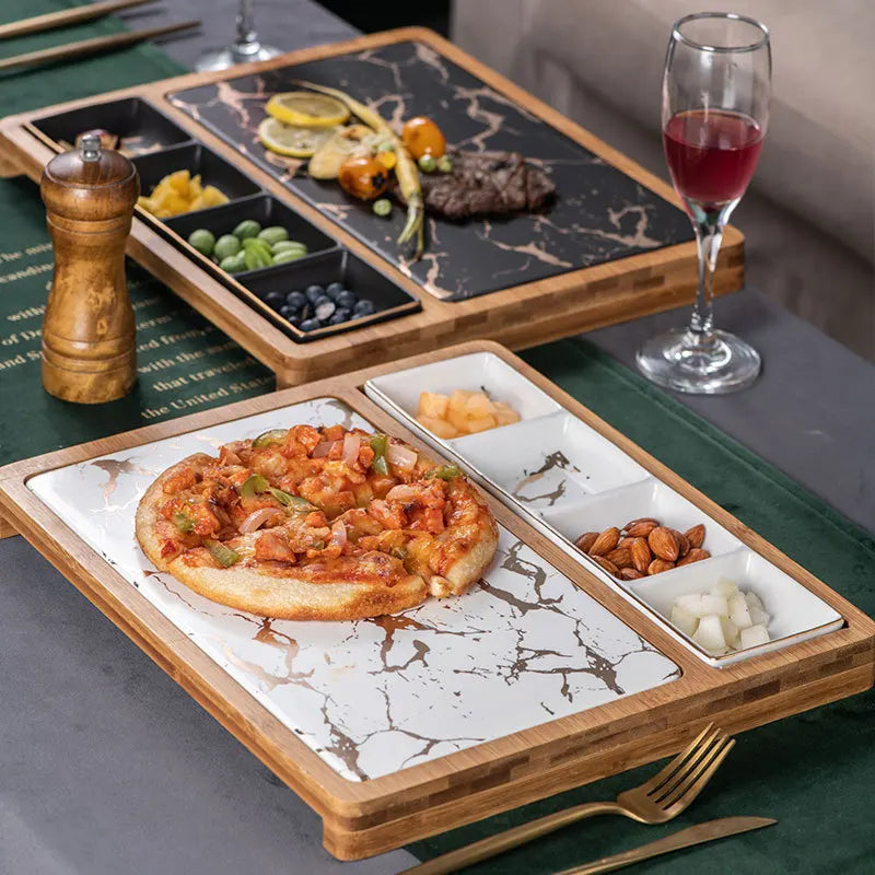 Creative Marble Pattern Ceramic Steak Plate with Bamboo Tray and Sauce Dish Set for Luxury Hotel and Restaurant Serving