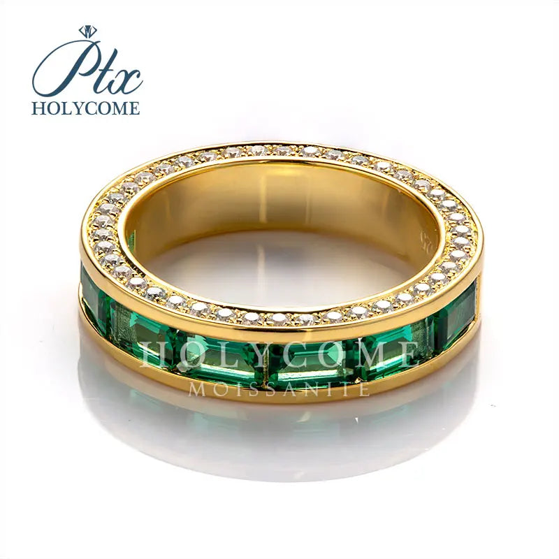 Custom Make Gems Silver Plated 18k Gold GREEN  Emerald Cut Moissanite Diamond Wedding Ring for Women Holycome