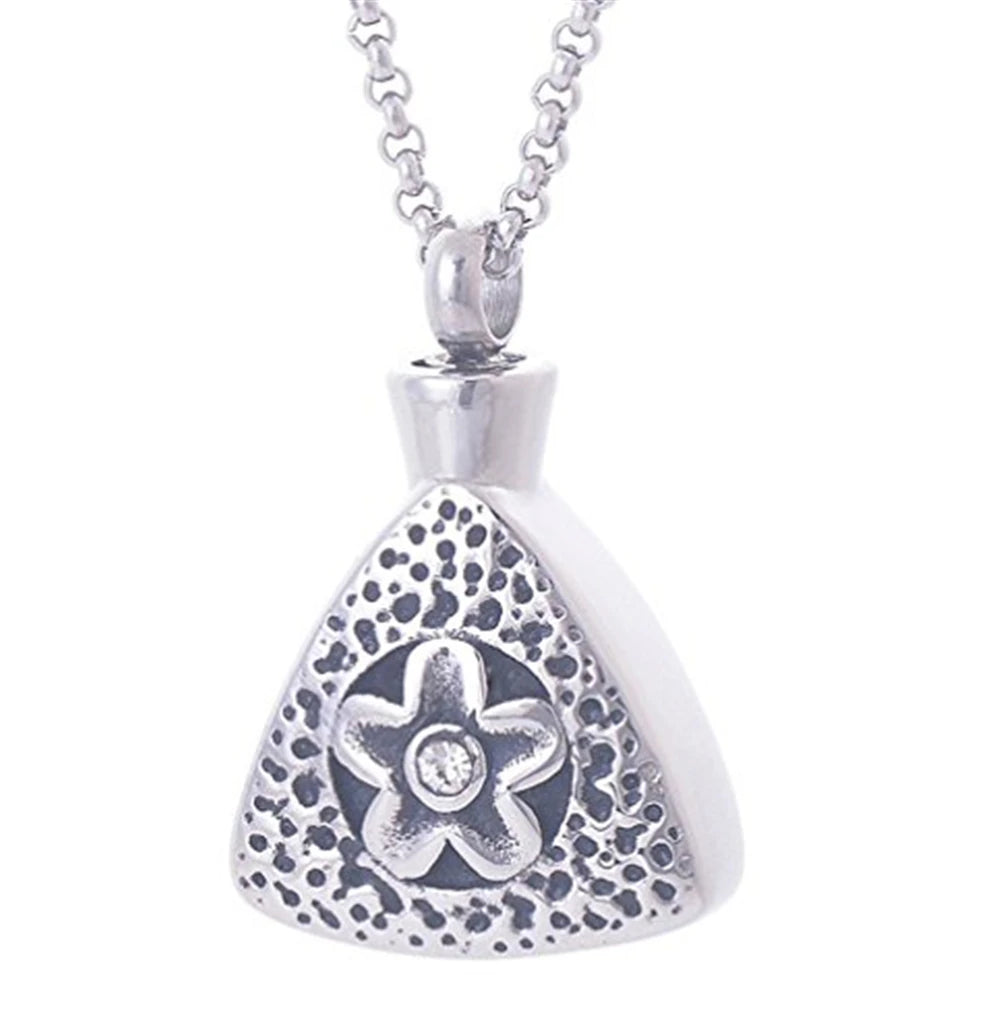 Stainless Steel Religious Flower Heart Cremation Urn Memorial Triangle Holder Necklace Ash Keepsake Pendant Jar