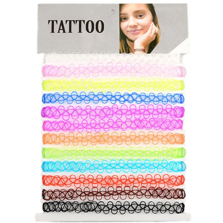 Hot Sell Vintage Hippy Stretch Tattoo Choker Necklace 12pcs Lot Elastic Fishing Line Tattoo Colorful Necklace for Parties Gifts