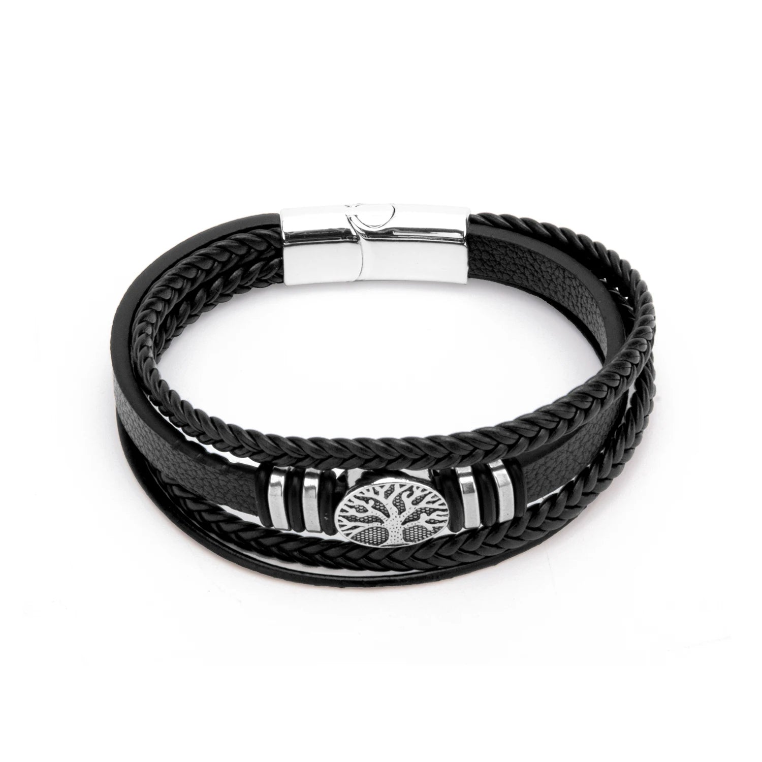 Daili Stylish  Double Braided Black Bracelet Silver Closure Tree of Life Pendant Men Fashion Jewelry Accessories Gifts for Men