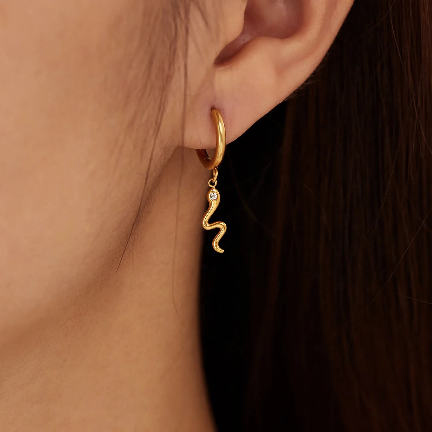 Personalized Creative Style Jewelry 18K Gold Plated Snake Shaped Zircon Drop Stainless Steel Earring