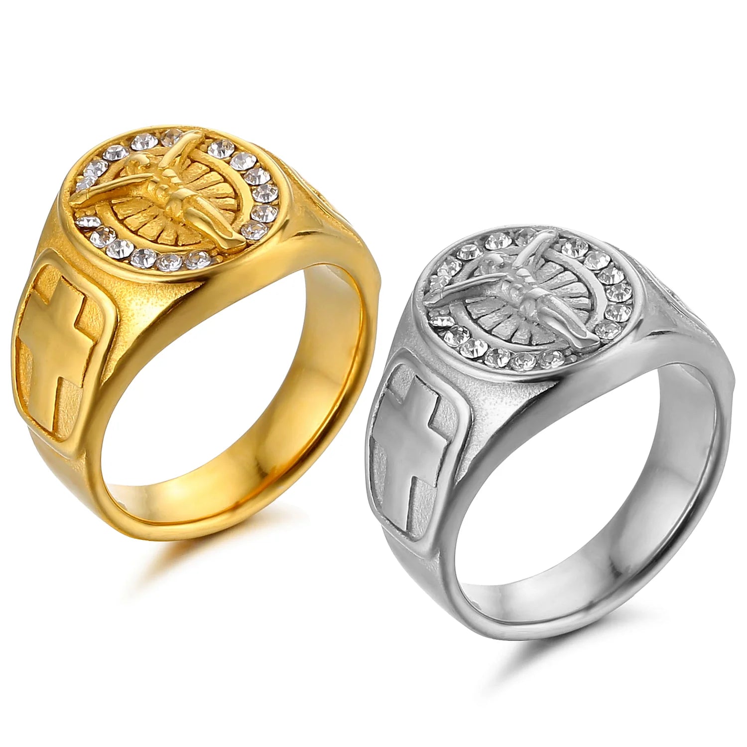 Wholesale Stainless Steel Men's Ring Waterproof Religion Elements Tai Chi Crucifixion Pattern CZ Zircon 18K Gold Plated Ring