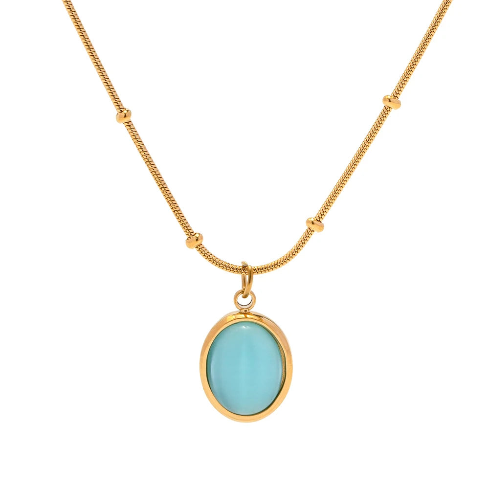 Charm 18K Gold Plated Stainless Steel Jewelry Gift Bead Chain Blue Cubic Zirconia Oval Pendant Necklace