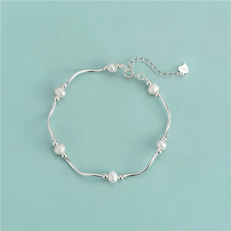 Fashion Women Jewelry 925 Sterling Silver Simple Freshwater Pearl Round Beads Bracelet for Best Friend