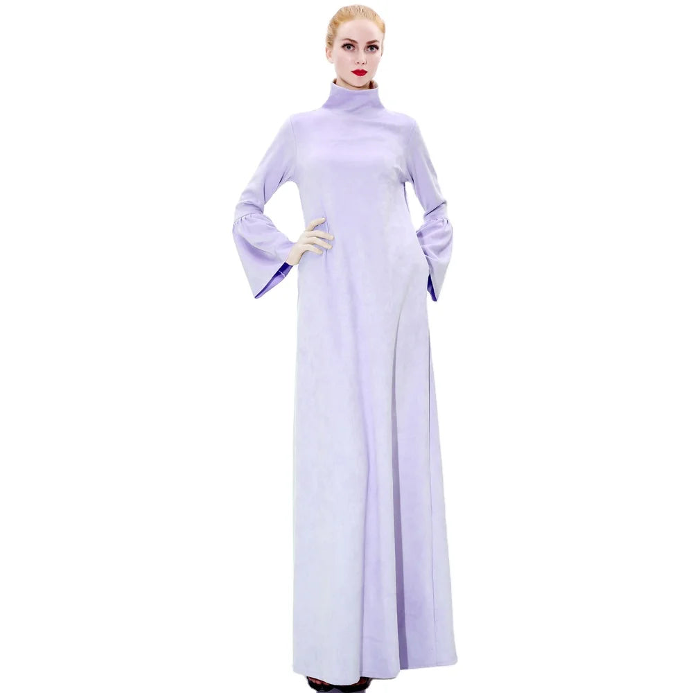 New Design Autumn Winter Wear Plain Color Stand Collar Flare Sleeve Suede Turkish Abaya Modest Dress for Islamic