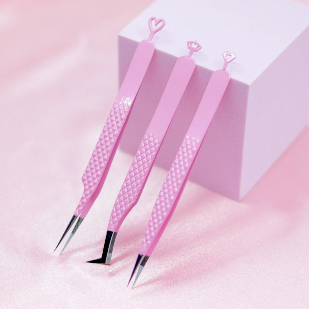 New Heart Print Nano Fiber Tip Lash Extension Tweezers Professional Private Logo L Type 75 Degree Fine Pointed Eyelash Tweezers