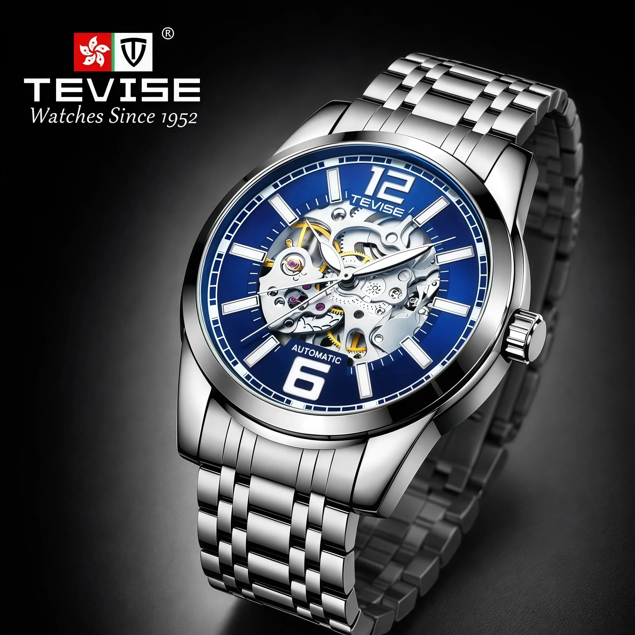 TEVISE Luxury Automatic Mechanical Skeleton Watch for Men with Alloy Case Stainless Steel Strap Waterproof