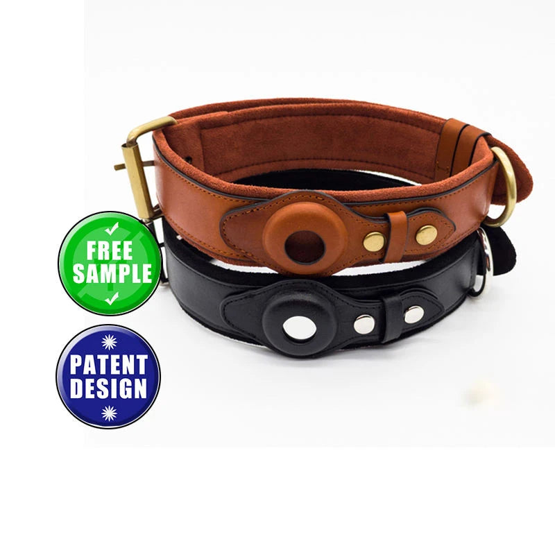 Premium Soft Adjustable Genuine Leather airtag Pet Collar with Airtag Case