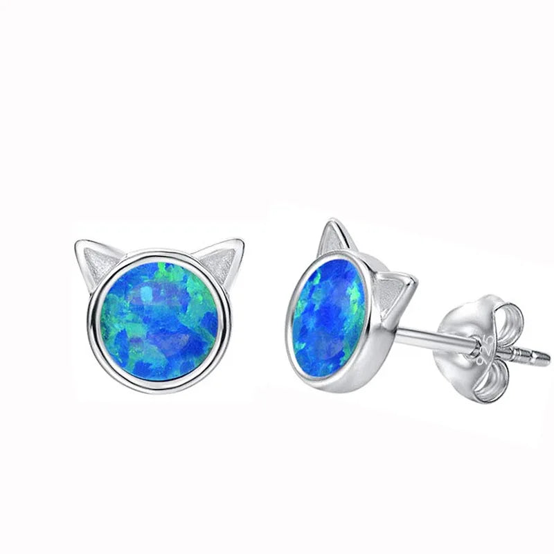 Fashion Rhodium Plated Sterling Silver 925 Opal Stud Earrings Cat Shape Cute Wedding Gift Party