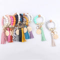 MAMA Silicone Beaded Bracelets Keychain for Women Cute Boho Tassel Car Wristlet Bangle Keyring with Wooden Round Pendant