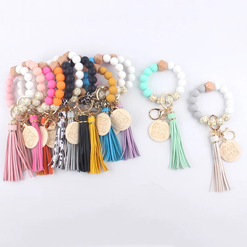 MAMA Silicone Beaded Bracelets Keychain for Women Cute Boho Tassel Car Wristlet Bangle Keyring with Wooden Round Pendant