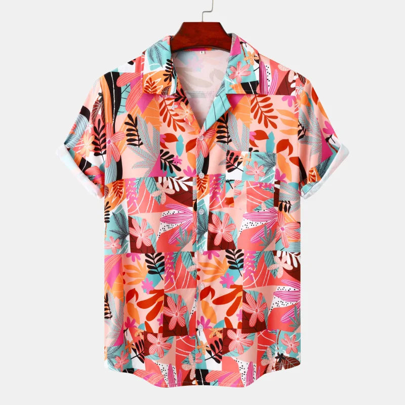 Men's Shirt Beach Wind Silk Digital Printed Casual Short Sleeve Floral Shirt for Men