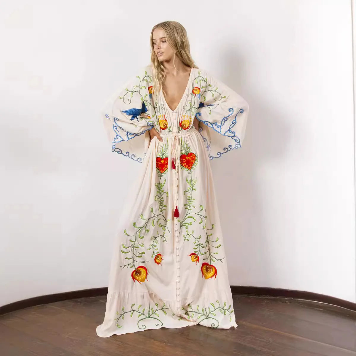 2024 New Autumn Flower Embroidery V Neck Long Dress With Big Trumpet Sleeves Women Bohemian Holiday Dress