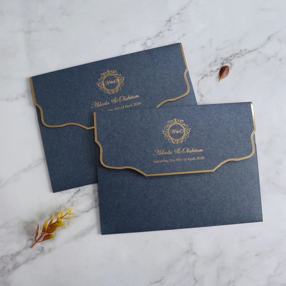 Custom Shape Navy Pearl Wedding Invitation Envelope Gold Printed Envelope for 5x7 Invitation