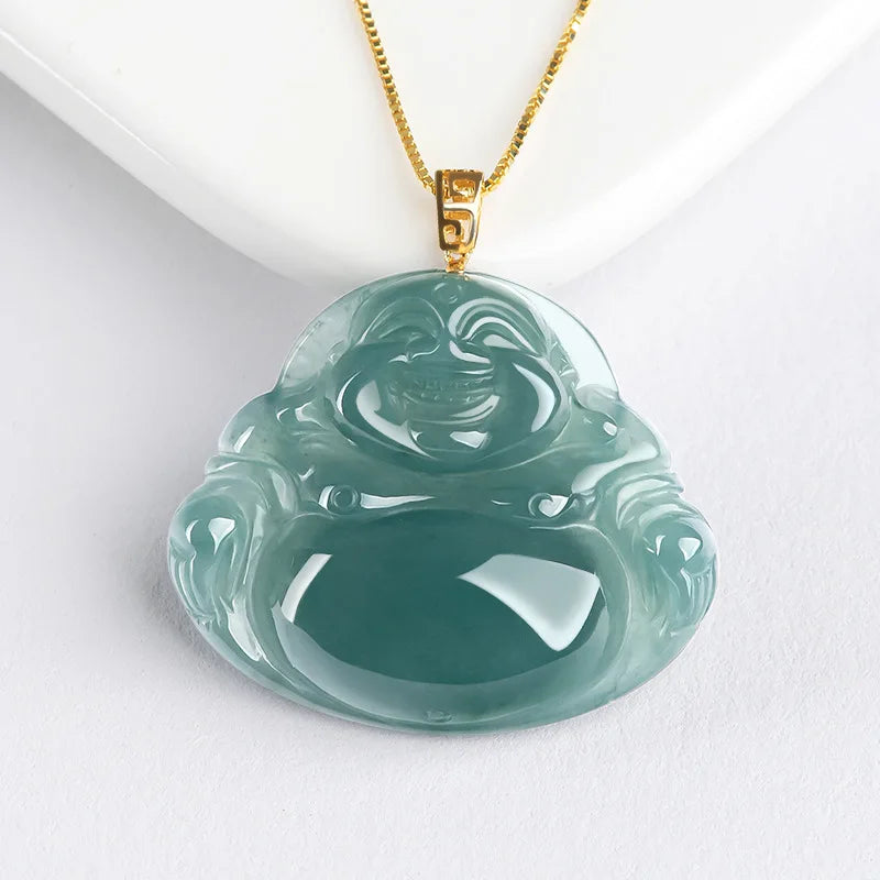 Genuine Natural a Grade Emerald Blue Water Buddha 18K Gold Buckle Inlaid Ice Jade Necklace Pendant