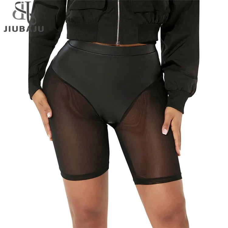 Mesh Patchwork Leather Five Part Pants 2025 Spring Summer Solid Color Elastic Waist Leggings Party Clubwear Bottoms