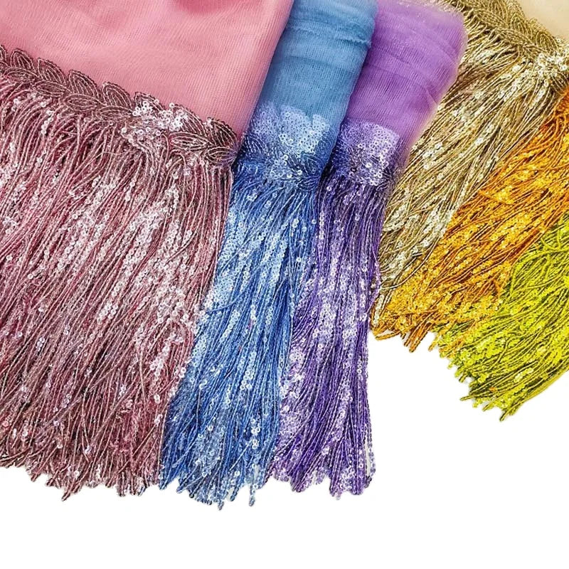 20cm Width Garment Dress Decorative Lace Fabric Mesh Knitted Christmas Costume Embellishment Sequined Mesh Tassel Fringe Trims