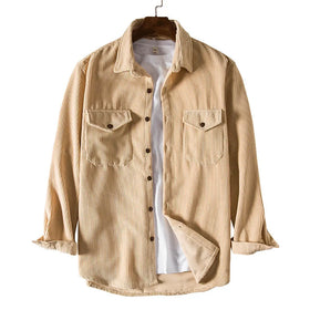 RNSHANGER Vintage Men Corduroy Shirt Autumn Winter Thickened Long Sleeves Double Pockets Tops Solid Color Fashion Casual Shirts