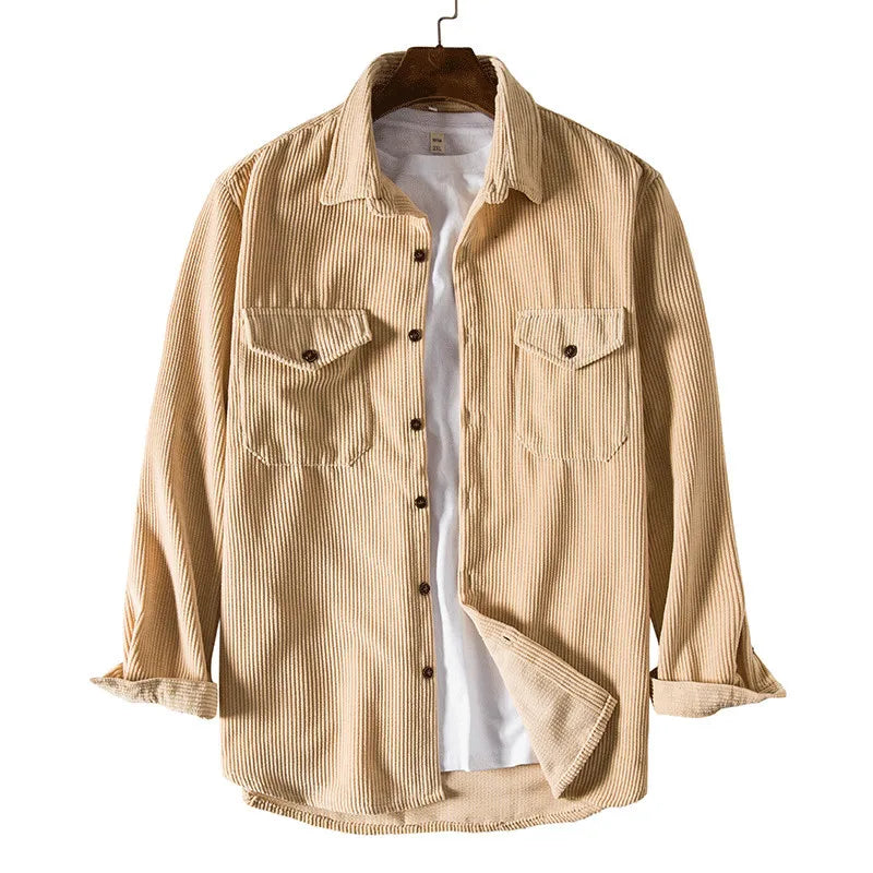 RNSHANGER Vintage Men Corduroy Shirt Autumn Winter Thickened Long Sleeves Double Pockets Tops Solid Color Fashion Casual Shirts