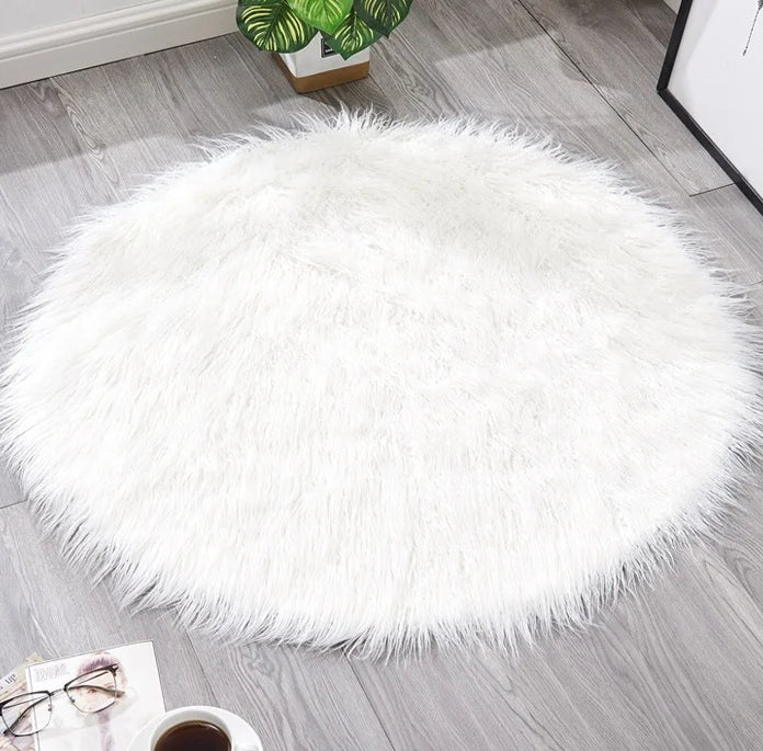 Mongolian Curly Fur White Gray Round Faux Plush Carpet Flat Weave Machine Made Area Rugs Set