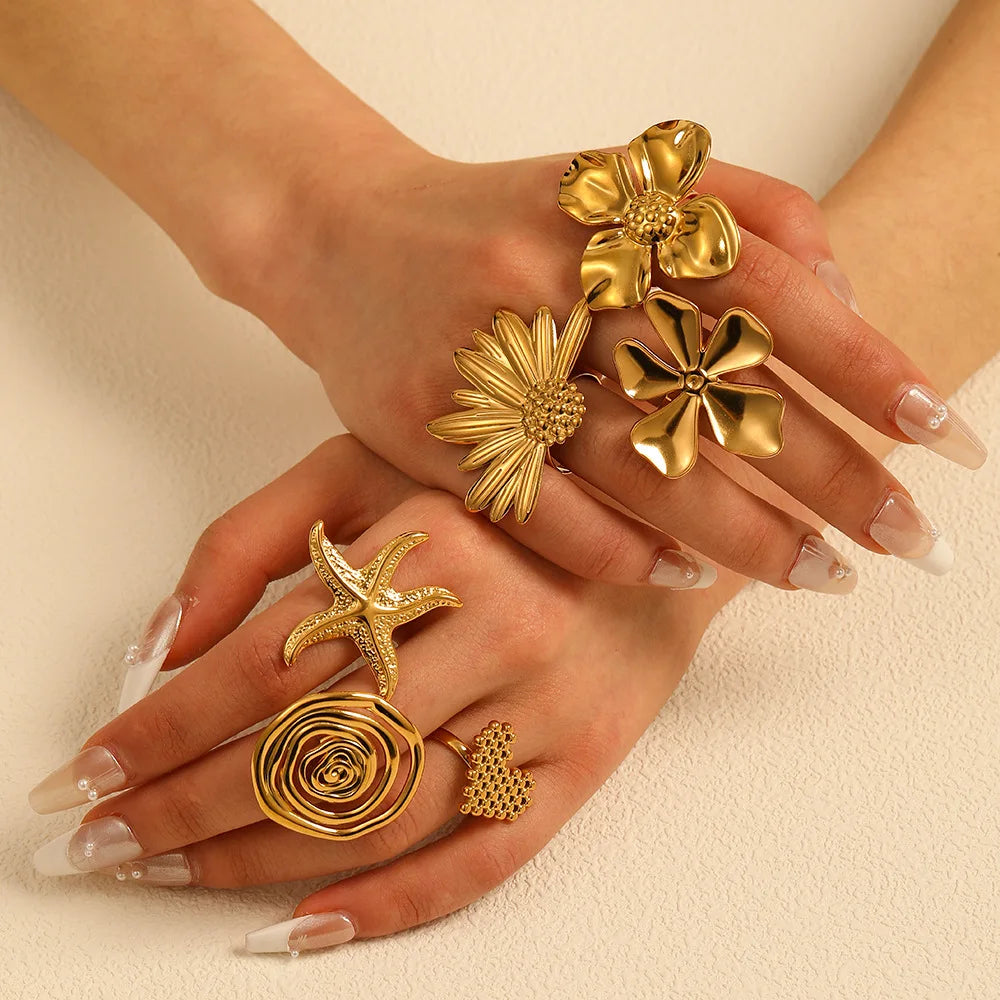 G3820 Wholesale Stainless Steel Exaggerated Sunflower Pearl Inlaid Butterfly Heart Ring for Women Fashion Jewelry Rings