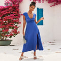 Women's Deep V Neck Short Sleeve Long Dress Pleated High Waist Slit Party Evening Dress Solid Color Dress