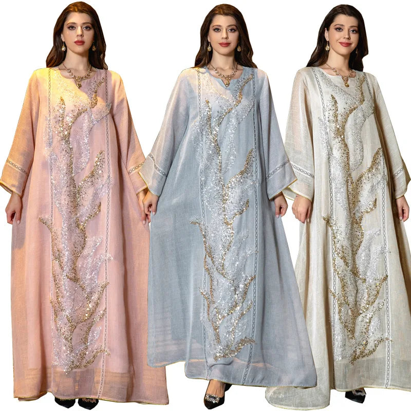 Wholesale Fashion Sequin Embroidery Long Sleeve Maxi Dress Abaya Dubai Muslim Long Dress for Women