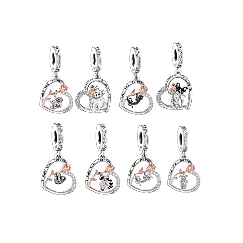 Fit Original Pan Charms Bracelet 925 Sterling Silver Dog Hand With Rose Flower Bead for Women Valentine Jewelry Making