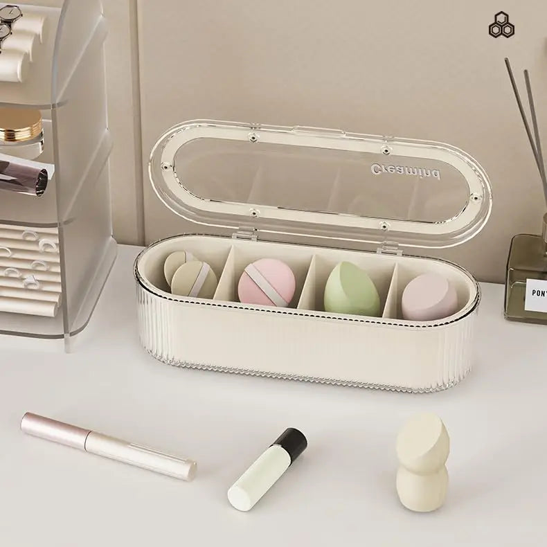 4 Compartments Makeup Brush Holder Organizer Clear Makeup Sponges Organizer Cosmetic Storage Case with Lid