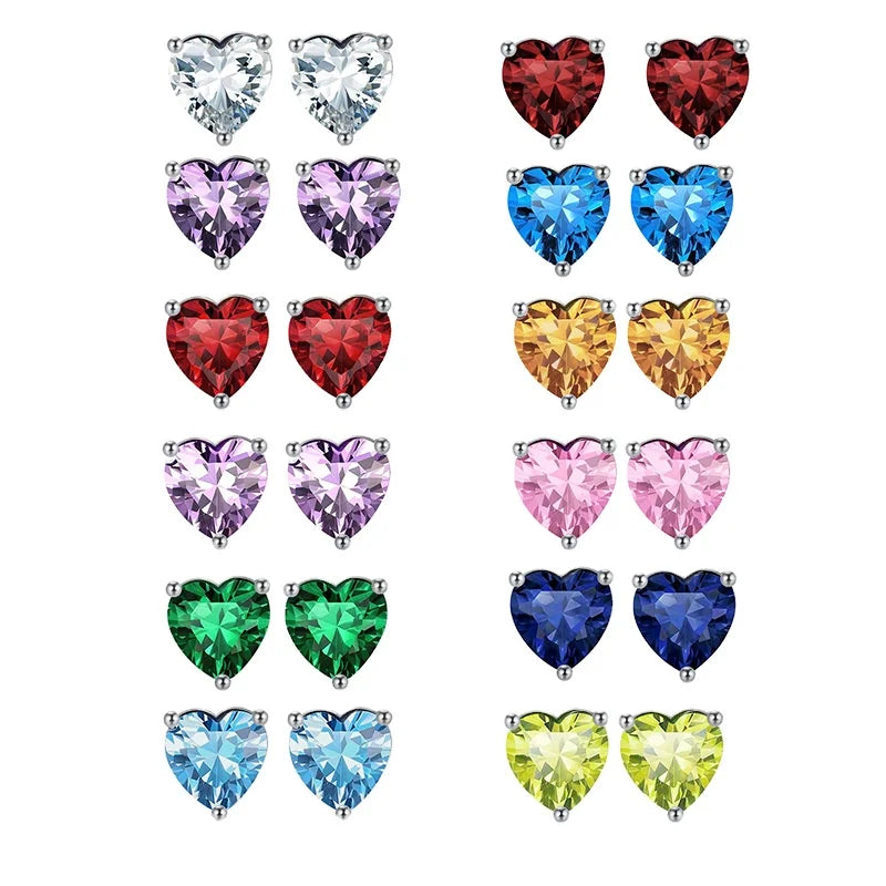925 Sterling Silver 12 Birthstone Heart Earring 6mm Heart 4A Diamond Stud Earrings for Lady 12 Birthday Gifts