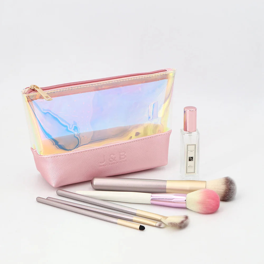 Korean Fashion Trend Holographic Pouch Pink Glitter Rainbow TPU Cosmetic Bags Beauty Makeup Bag for Lady Logo