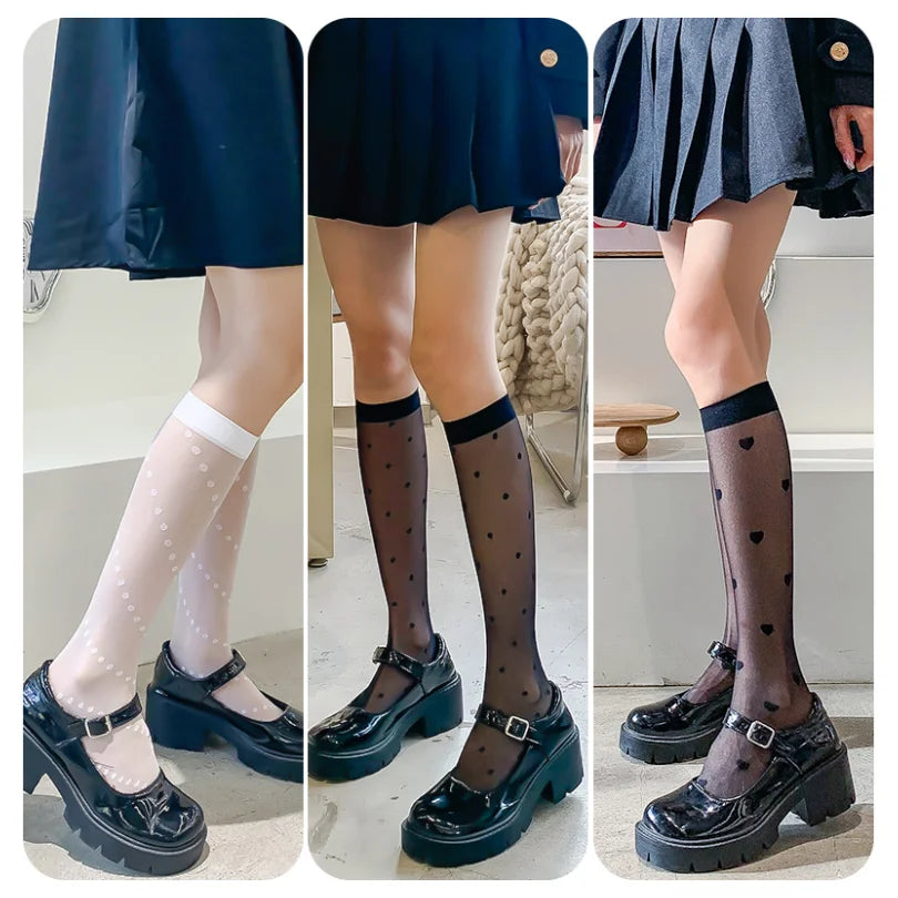 Thin Women's Black and White Classic Calf Socks Japanese Style Knee Socks Lolita Stockings