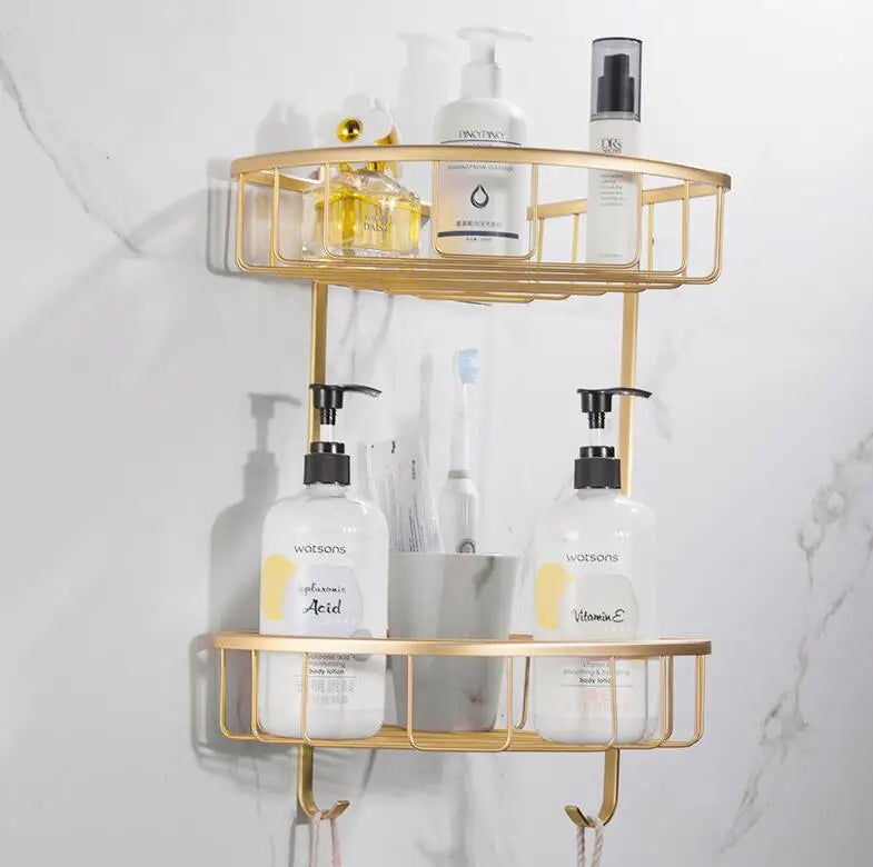 HOMEDEC Hot Selling Modern Brushed Gold Stainless Steel Dual Tier No Drilling Soap Shower Basket Caddy Holder for Bathroom