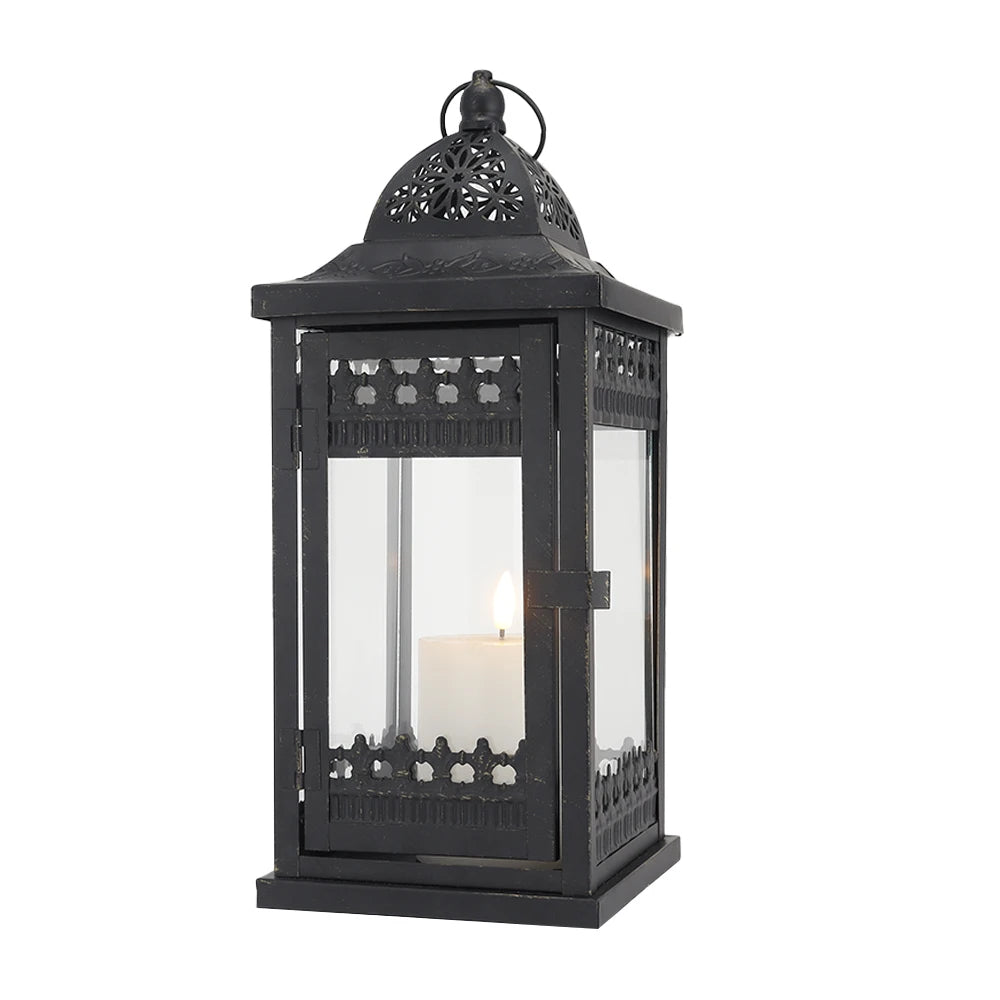 Black Metal and Clear Tempered Glass Candle Lanterns Hanging Lantern Home Outdoor Decor