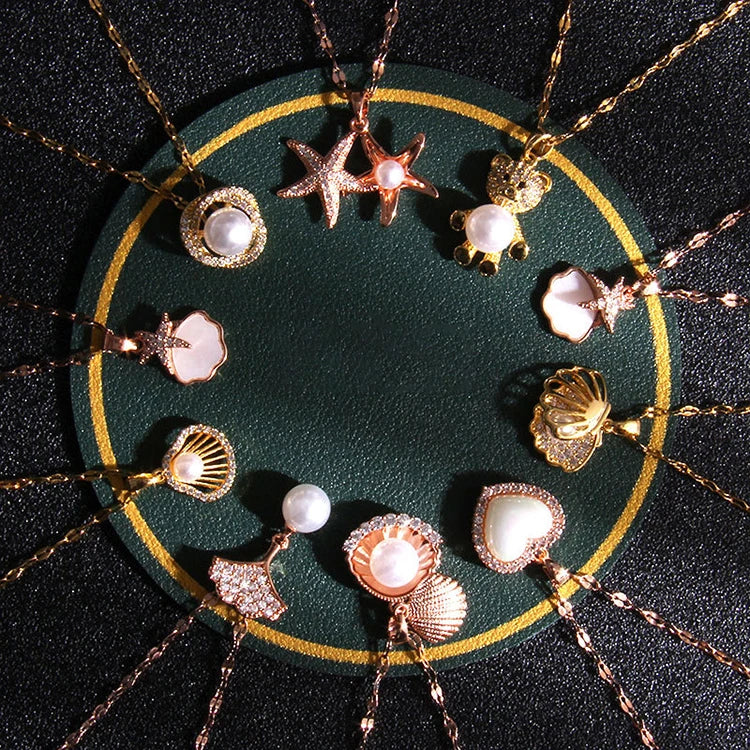 G1501 Hot Selling Stainless Steel Jewelry Starfish Heart Necklace Summer Cubic Zirconia Pearl Shell Shaped Pendant Necklace
