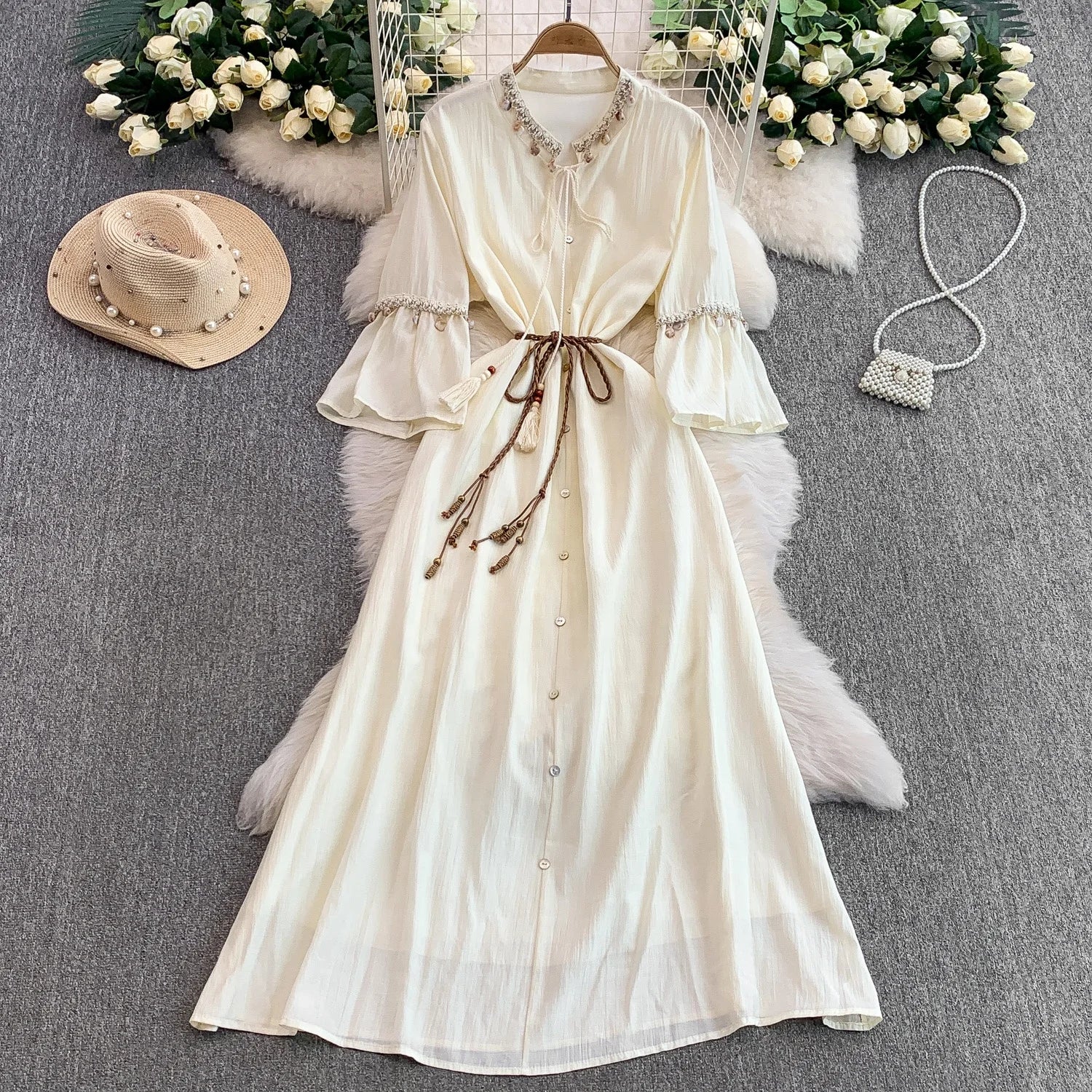 Retro Lace-up Woven Tassel Stand-up Collar Bell Sleeve Women's New A-line Dress