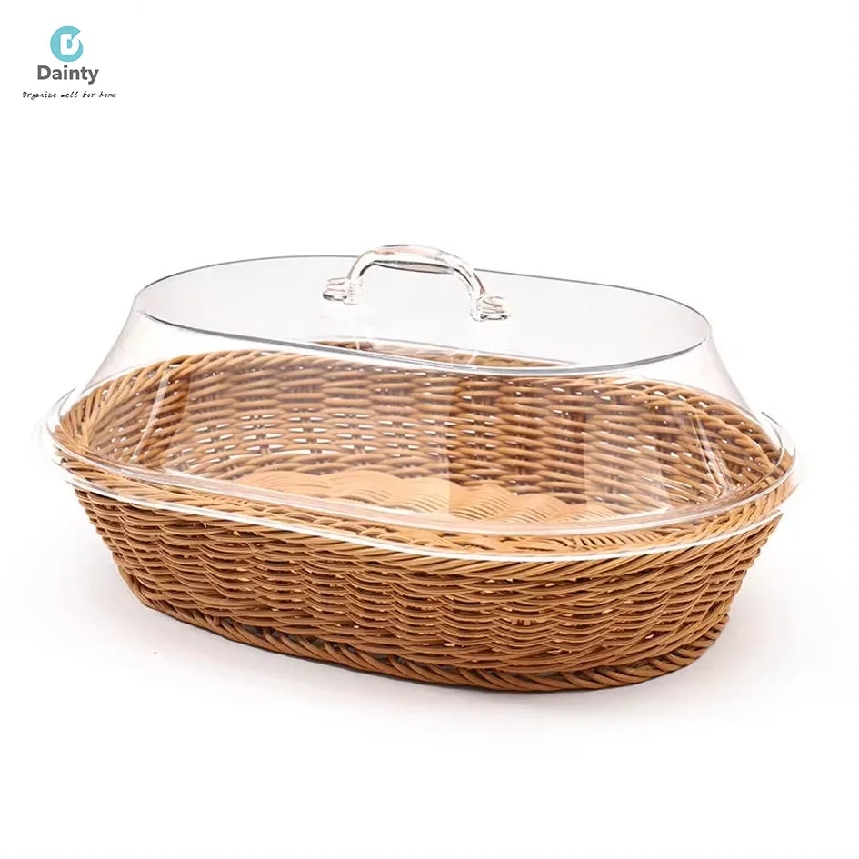 Ningbo Dainty Factory Stacked New Plastic Fruit Bread Home and Kitchen Organize Tool Rattan Boxe Basket Acrylic Lid Lunchbox Set