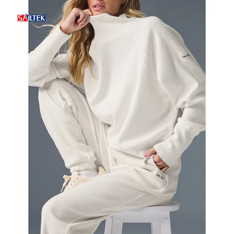 Elegant Waffle Knit Sets for Women Tracksuit Custom Sweatsuit Set Women 2 Piece Turtleneck Sweatshirt and Jogger Pants Set