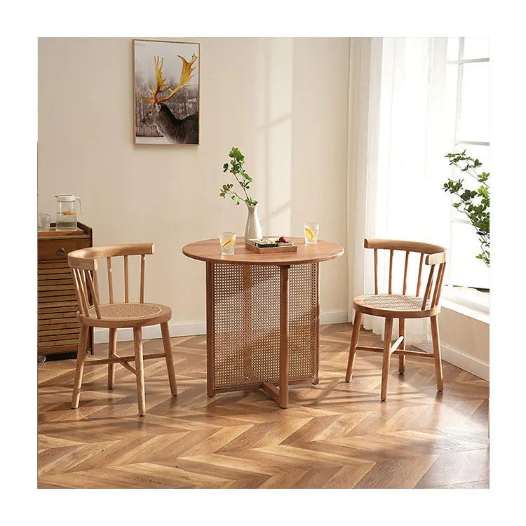Scandinavian Solid Wood with Rattan Decoration Round Table Family Small Dining Table Mesas Restaurante Coffee Table